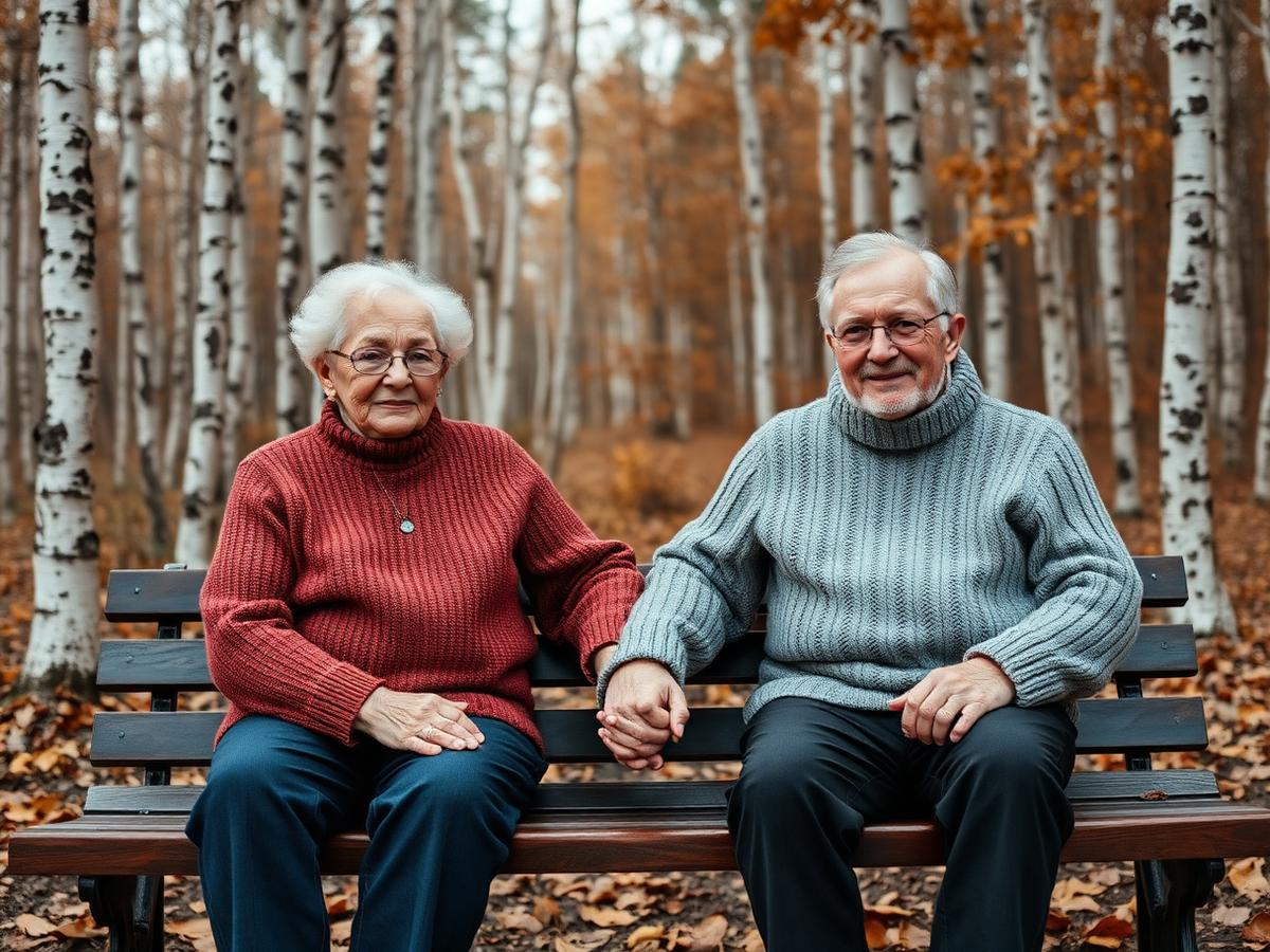 An elderly couple sitting on a bench in a birch forest.