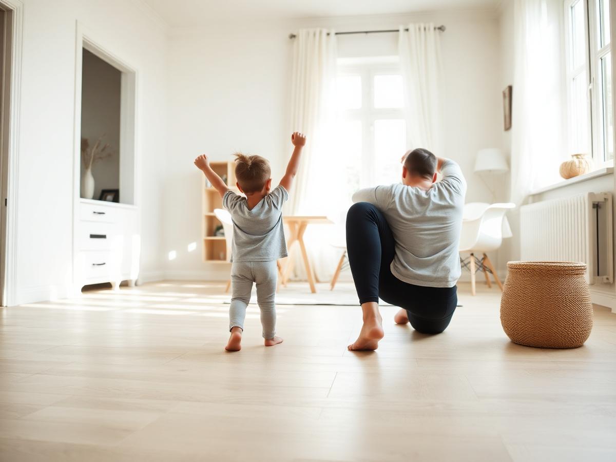 A parent and child stretching in a bright Scandinavian home.