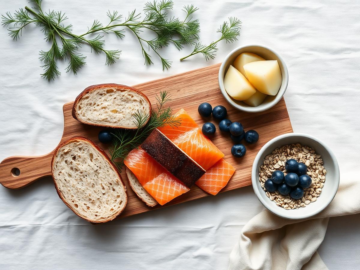 Nordic ingredients on a wooden board.