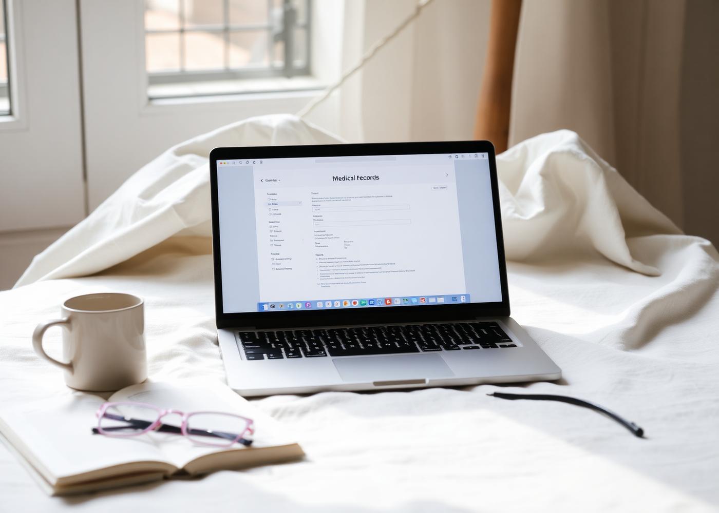 Laptop with a medical records interface on a linen surface.