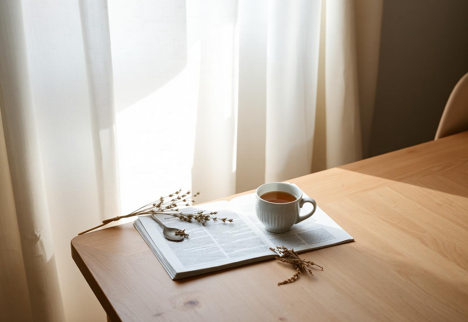 A quiet morning table with tea, a newspaper and dried herbs by a linen curtain.